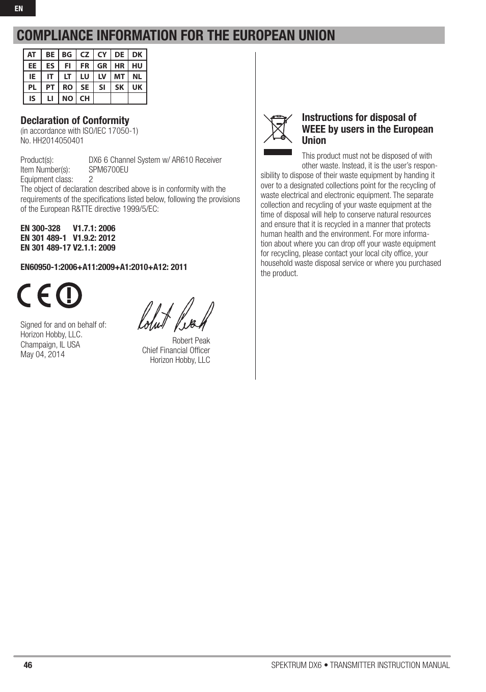 Compliance information for the european union, Declaration of conformity | Spektrum DX6 User Manual | Page 46 / 48