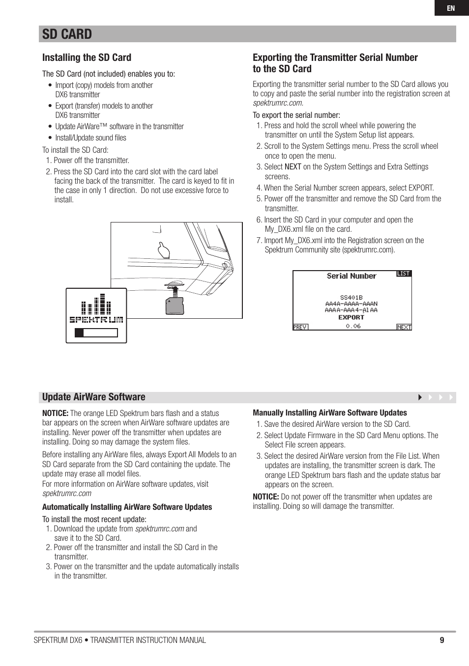 Sd card | Spektrum DX6 User Manual | Page 9 / 48