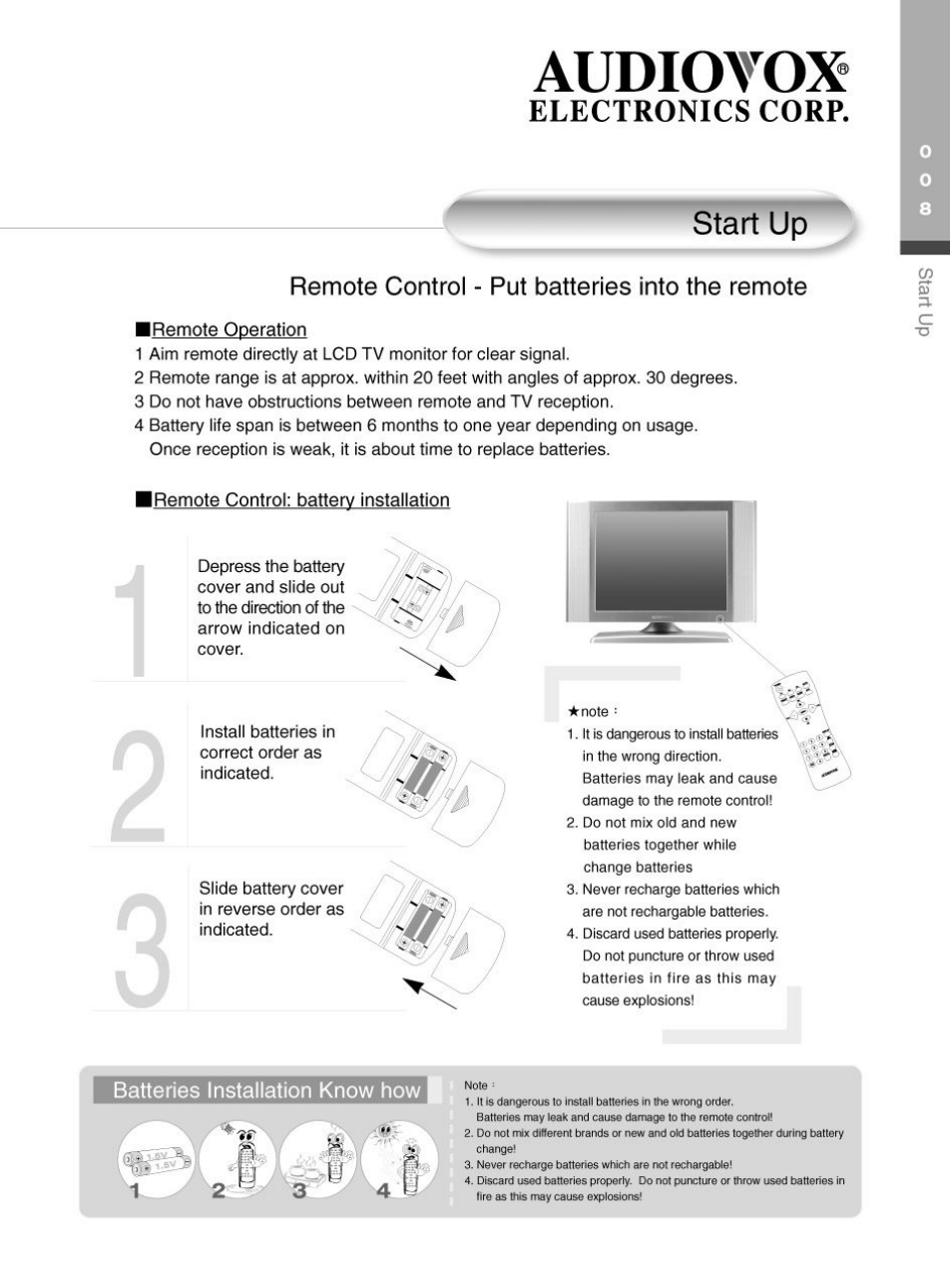 Start up, Remote control - put batteries into the remote, Audiotox | Electronics corp | Audiovox FP2000 User Manual | Page 11 / 43