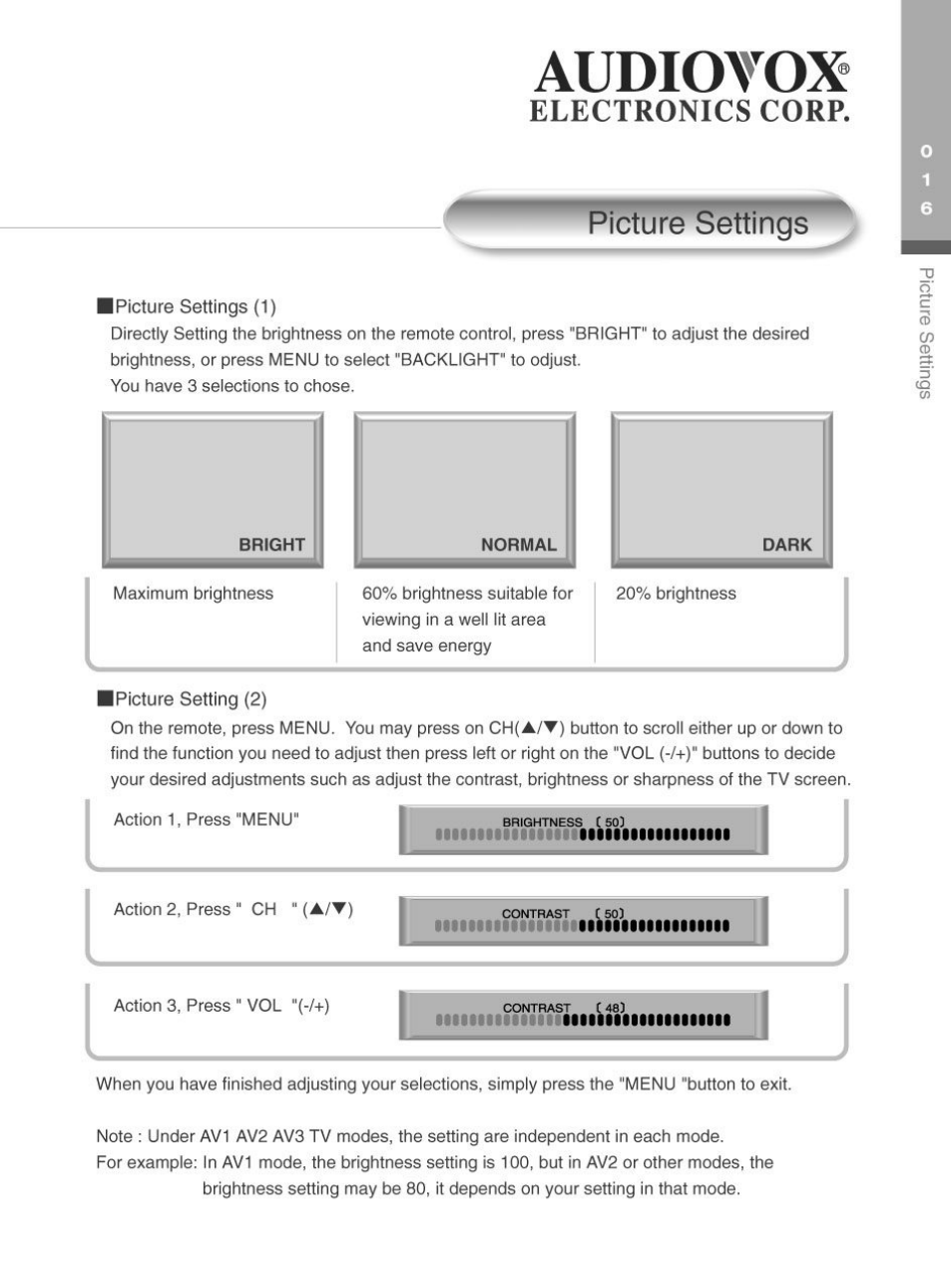 Picture settings, Audiotox, Electronics corp | Audiovox FP2000 User Manual | Page 19 / 43