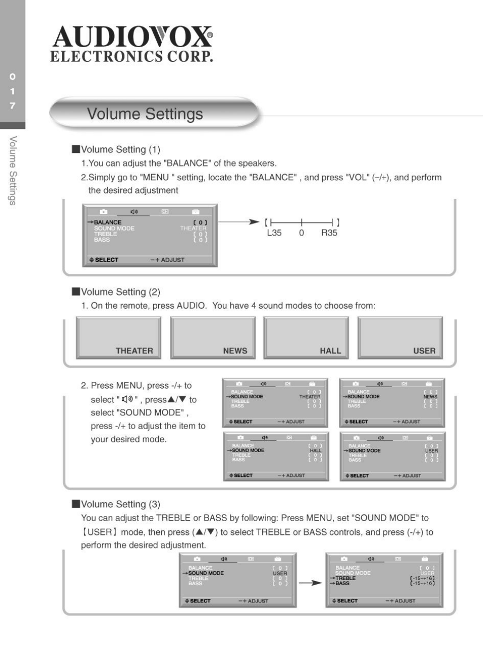 Volume settings, Audiovox, Electronics corp | Audiovox FP2000 User Manual | Page 20 / 43