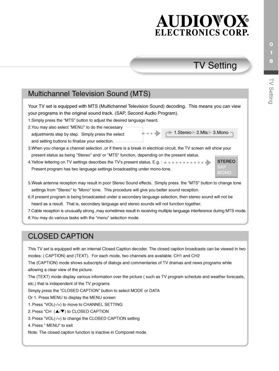 Tv setting, Multichannel television sound (mts), Closed caption | Audiotox, Electronics corp | Audiovox FP2000 User Manual | Page 21 / 43