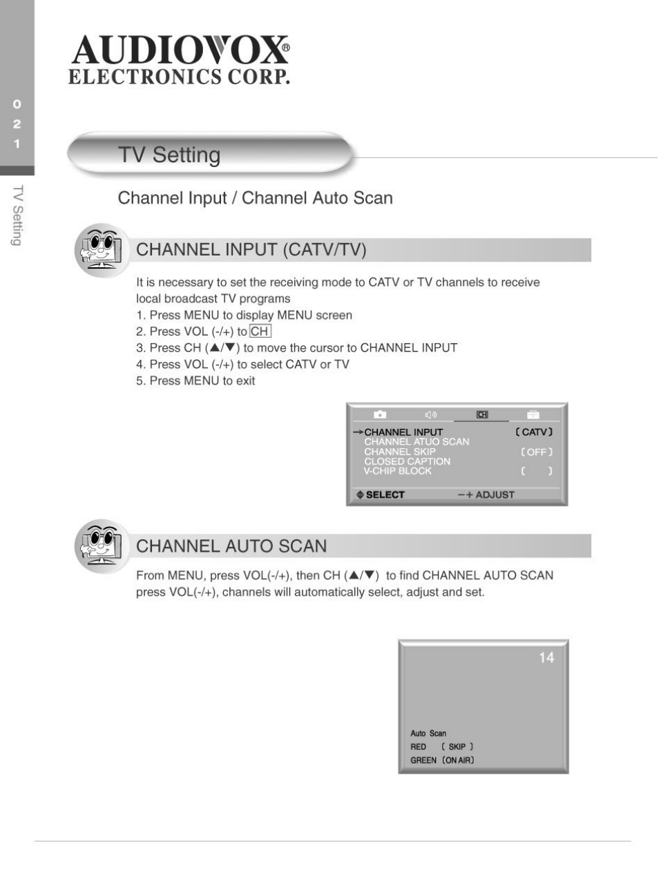 Tv setting, Channel input / channel auto scan, Channel input (catv/tv) | Channel auto scan, Audiovox, Electronics corp | Audiovox FP2000 User Manual | Page 24 / 43