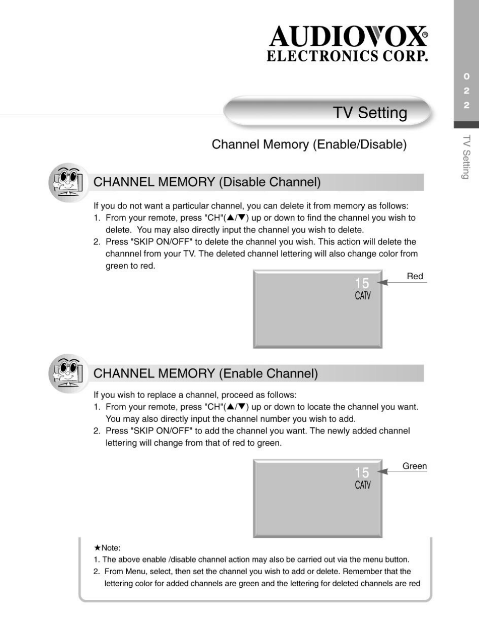 Tv setting, Channel memory (enable/disable), Channel memory (disable channel) | Channel memory (enable channel), Audiotox, Electronics corp | Audiovox FP2000 User Manual | Page 25 / 43