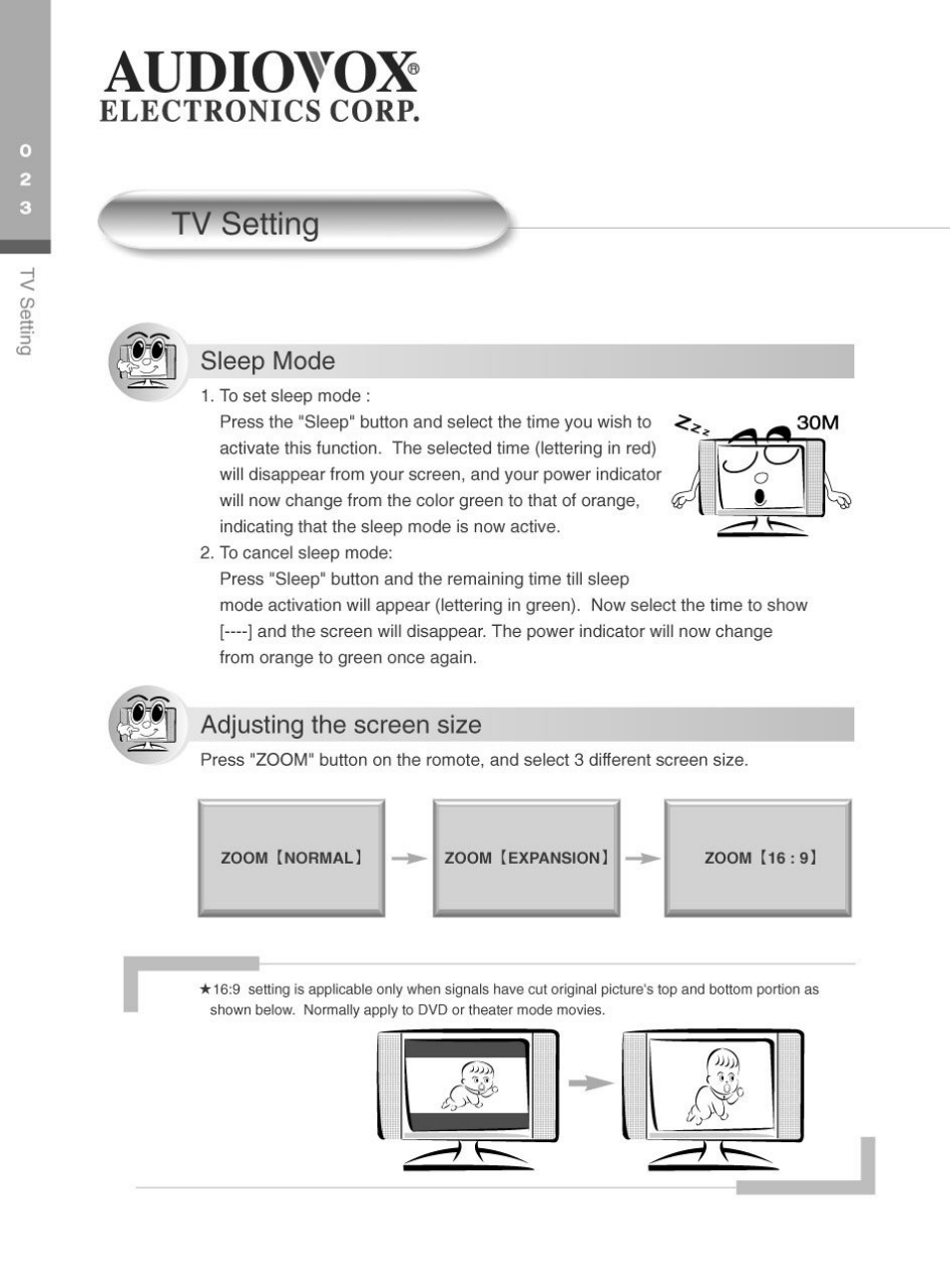 Tv setting, Sleep mode, Adjusting the screen size | Audiovox, Electronics corp | Audiovox FP2000 User Manual | Page 26 / 43