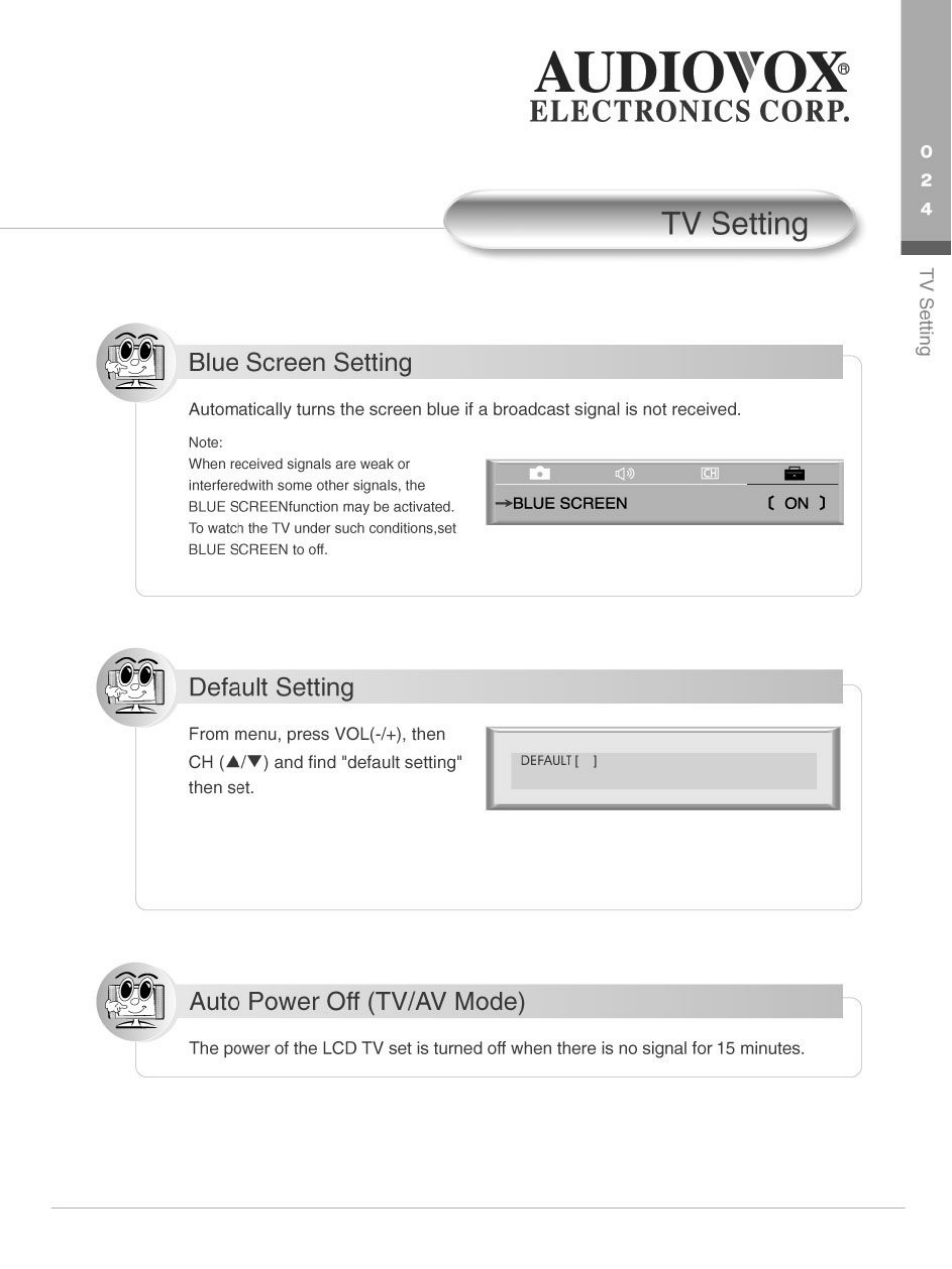 Tv setting, Blue screen setting, Default setting | Auto power off (tv/av mode), Audiotox, Electronics corp | Audiovox FP2000 User Manual | Page 27 / 43