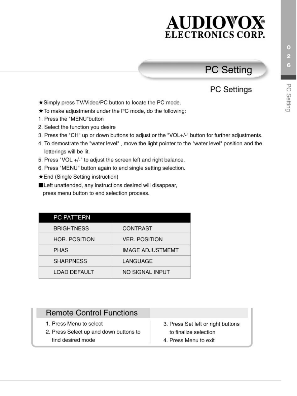 Pc setting, Pc settings, Remote control functions | Audiotox, Electronics corp | Audiovox FP2000 User Manual | Page 29 / 43