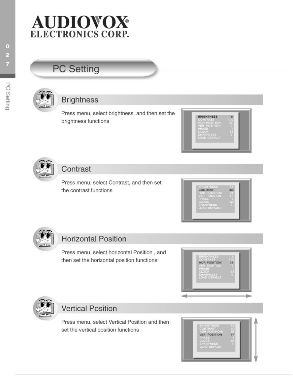 Pc setting, Brightness, Contrast | Horizontal position, Vertical position, Audiovox, Electronics corp | Audiovox FP2000 User Manual | Page 30 / 43