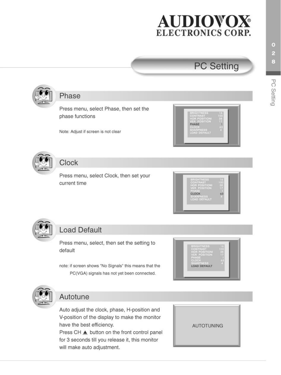 Pc setting, Clock, Autotune | Audiotox, Electronics corp | Audiovox FP2000 User Manual | Page 31 / 43