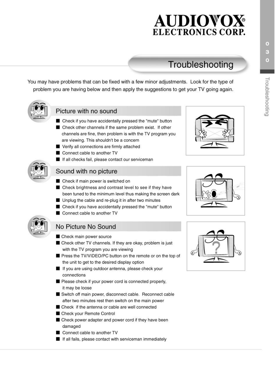 Troubleshooting, Picture with no sound, Sound with no picture | No picture no sound, Audiotox, Electronics corp | Audiovox FP2000 User Manual | Page 33 / 43