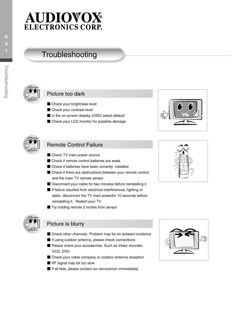 Troubleshooting, Picture too dark, Remote control failure | Picture is blurry, Audiovox, Electronics corp | Audiovox FP2000 User Manual | Page 34 / 43