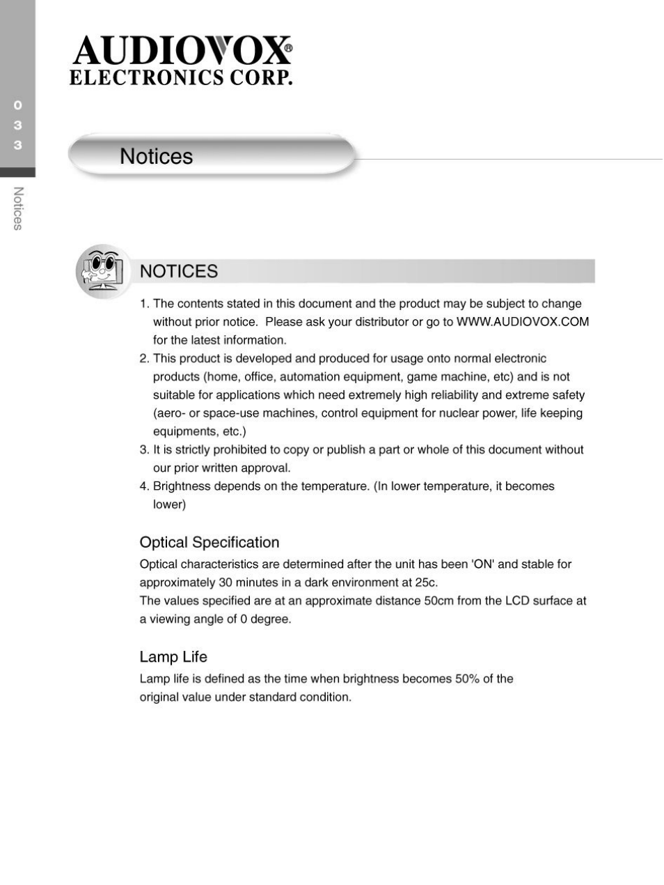 Notices, Optical specification, Lamp life | Audiovox, Electronics corp | Audiovox FP2000 User Manual | Page 36 / 43