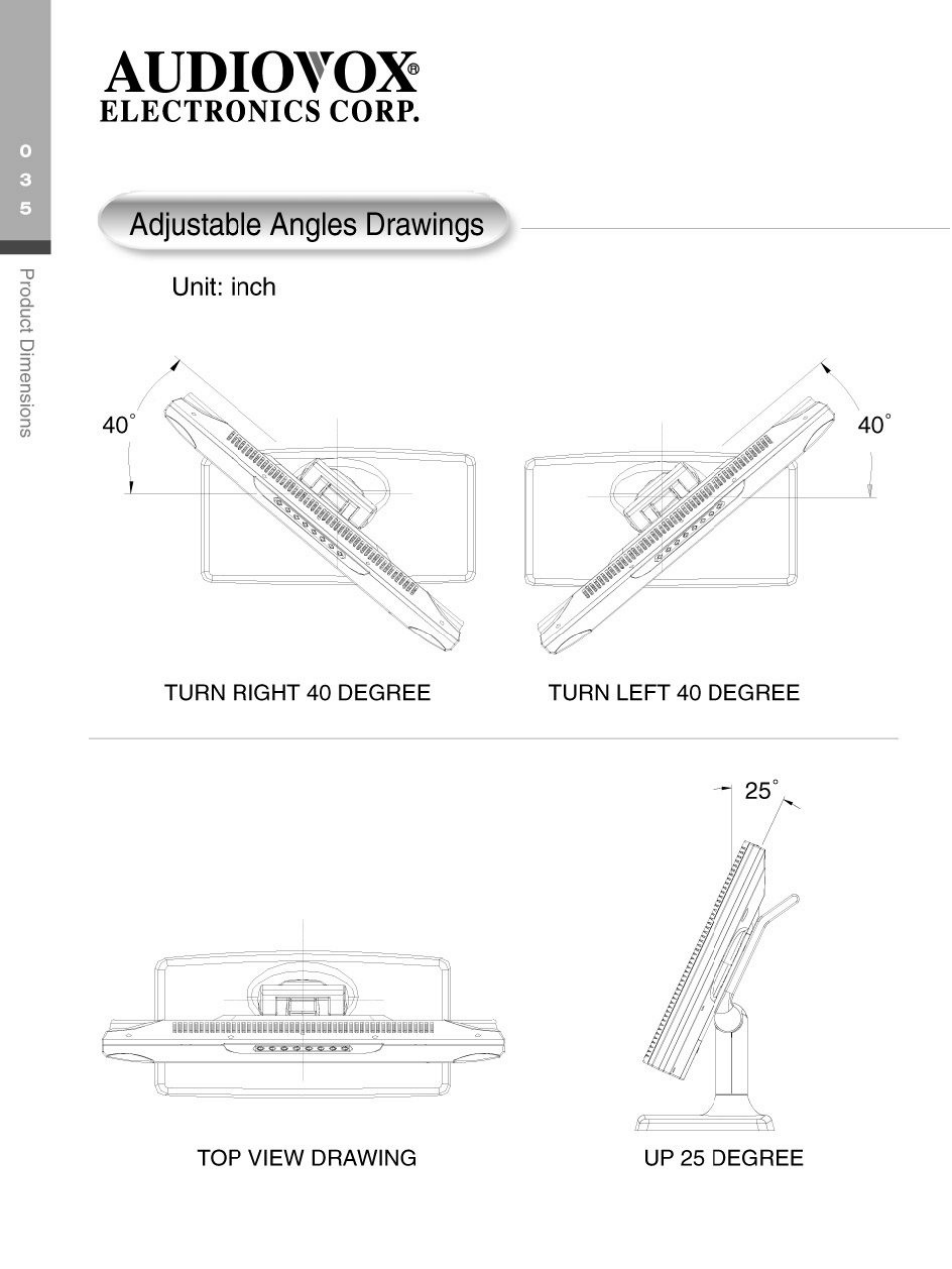 Adjustable angles drawings, Unit: inch, Audiovox | Electronics corp | Audiovox FP2000 User Manual | Page 38 / 43