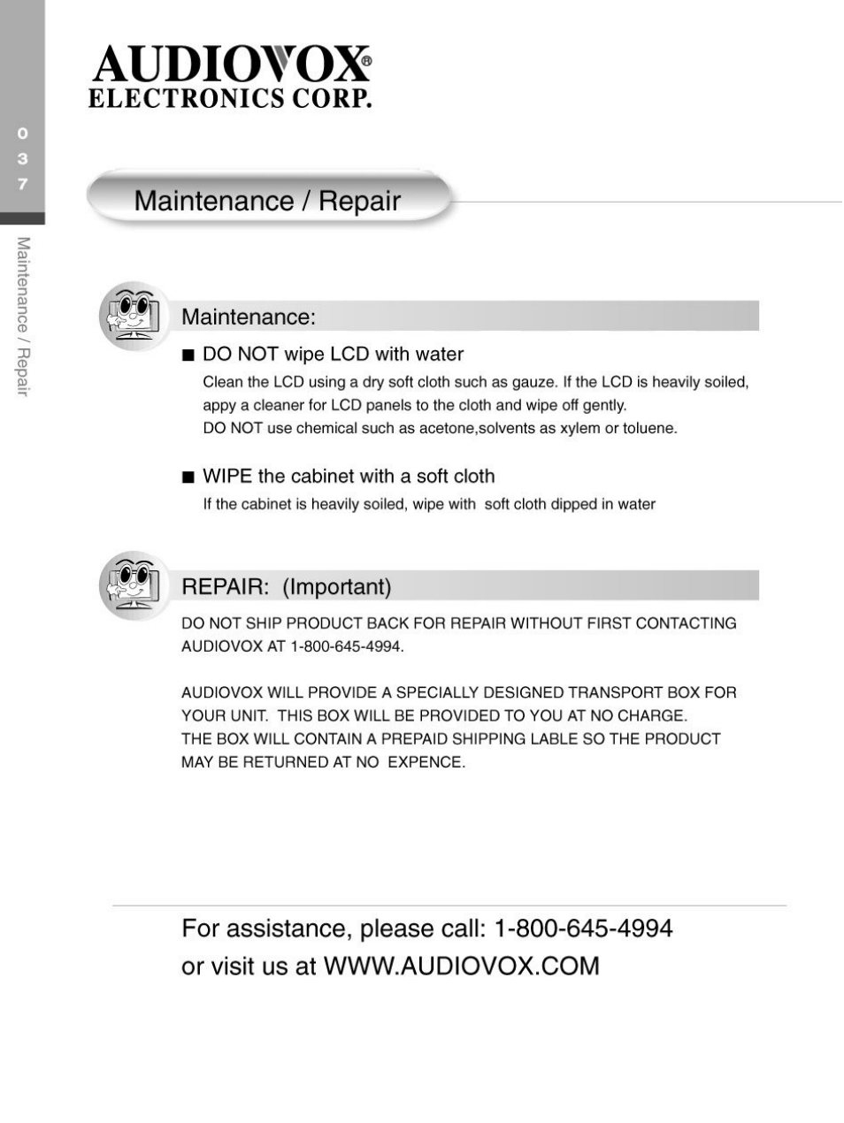 Maintenance / repair, Do not wipe lcd with water, Wipe the cabinet with a soft cloth | Wfl repair: (important), Audiovox, Electronics corp | Audiovox FP2000 User Manual | Page 40 / 43