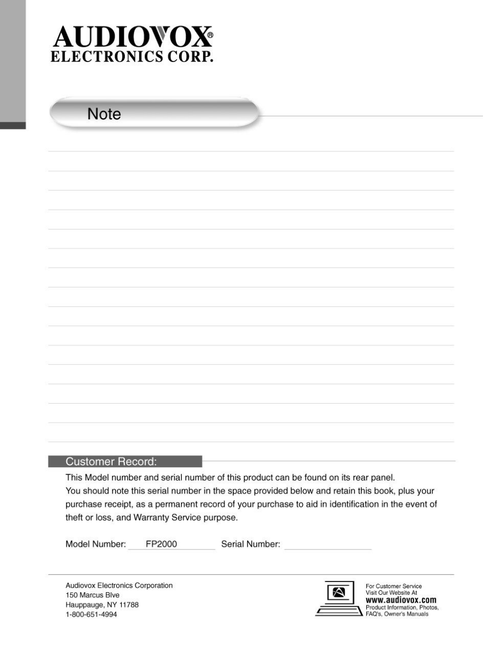 Note, Customer record, Audiovox | Electronics corp | Audiovox FP2000 User Manual | Page 42 / 43