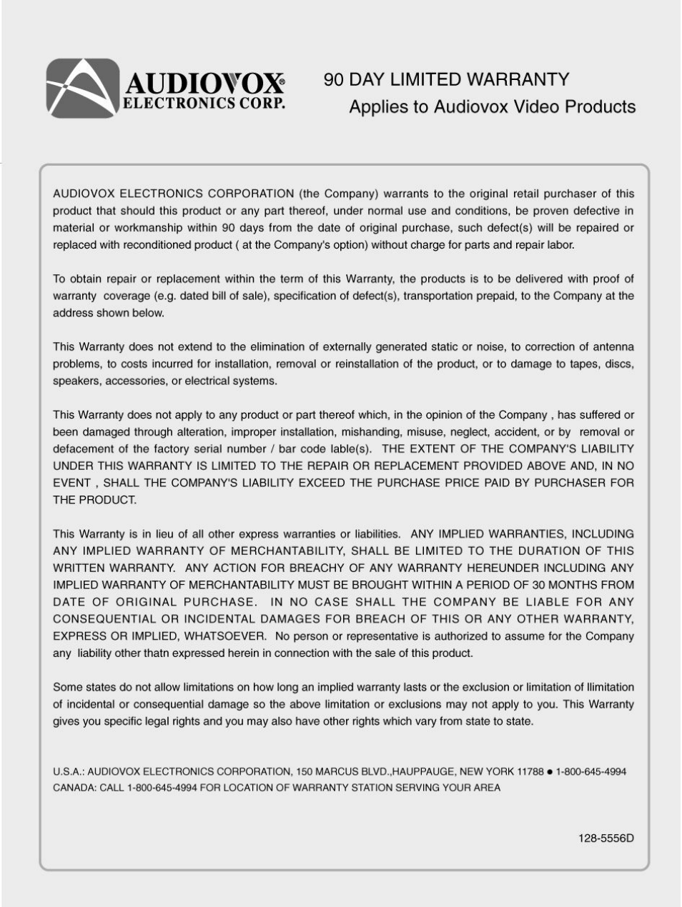 Audioyox, Electronics core, 90 day limited warranty | Applies to audiovox video products | Audiovox FP2000 User Manual | Page 43 / 43