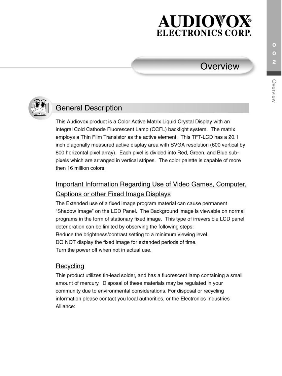 Overview, Jj general description, Recycling | Audiotox, Electronics corp | Audiovox FP2000 User Manual | Page 5 / 43