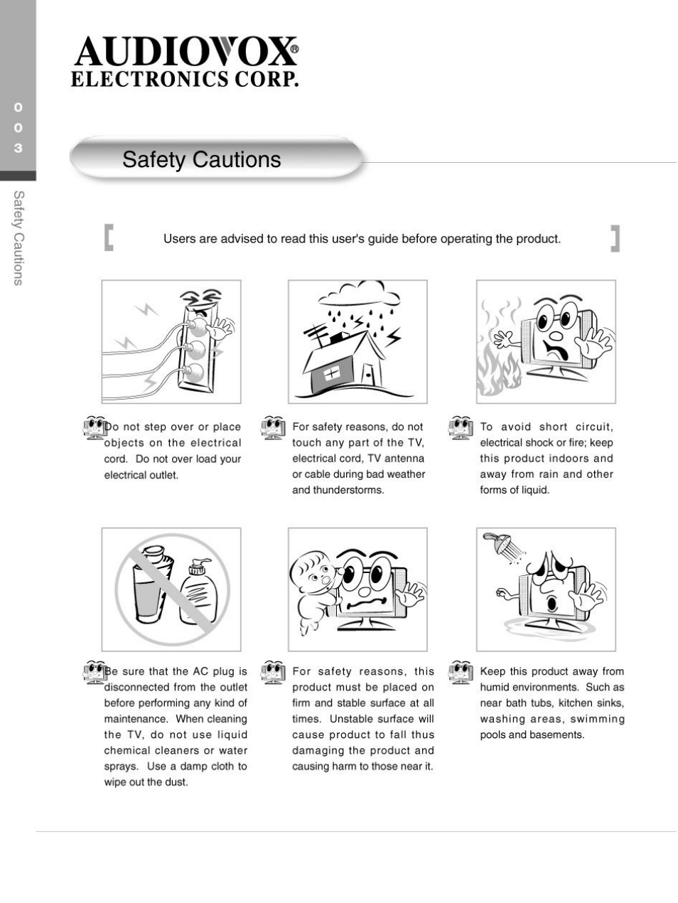 Safety cautions, Audiovox, Electronics corp | Audiovox FP2000 User Manual | Page 6 / 43