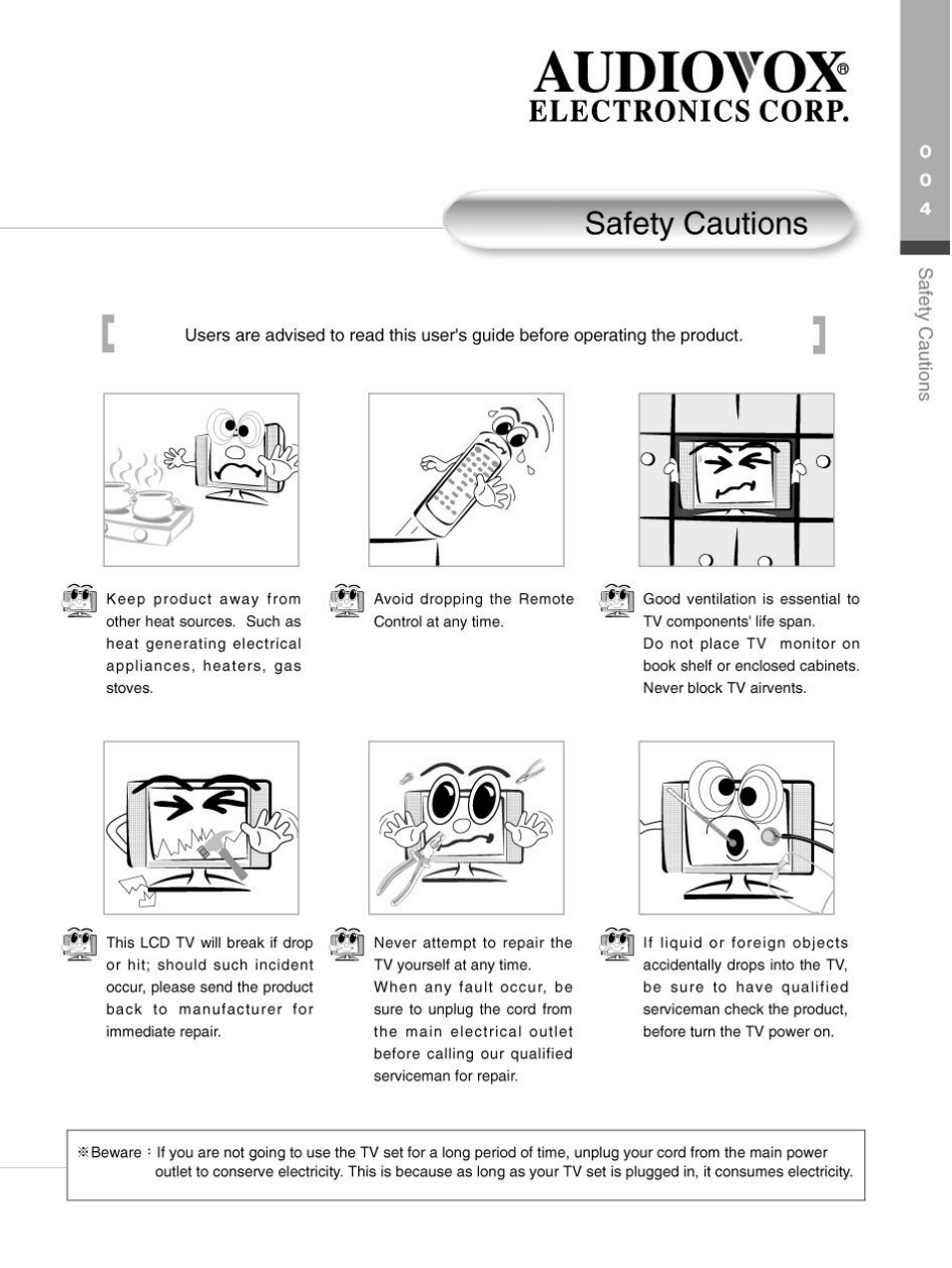 Safety cautions, Audiotox, Electronics corp | Audiovox FP2000 User Manual | Page 7 / 43