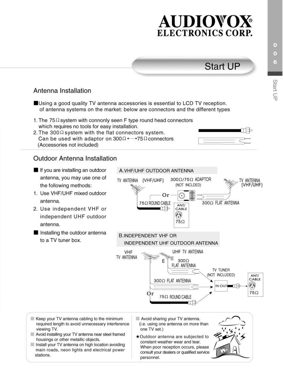 Antenna installation, Outdoor antenna installation, Audiotox | Electronics corp, Startup | Audiovox FP2000 User Manual | Page 9 / 43