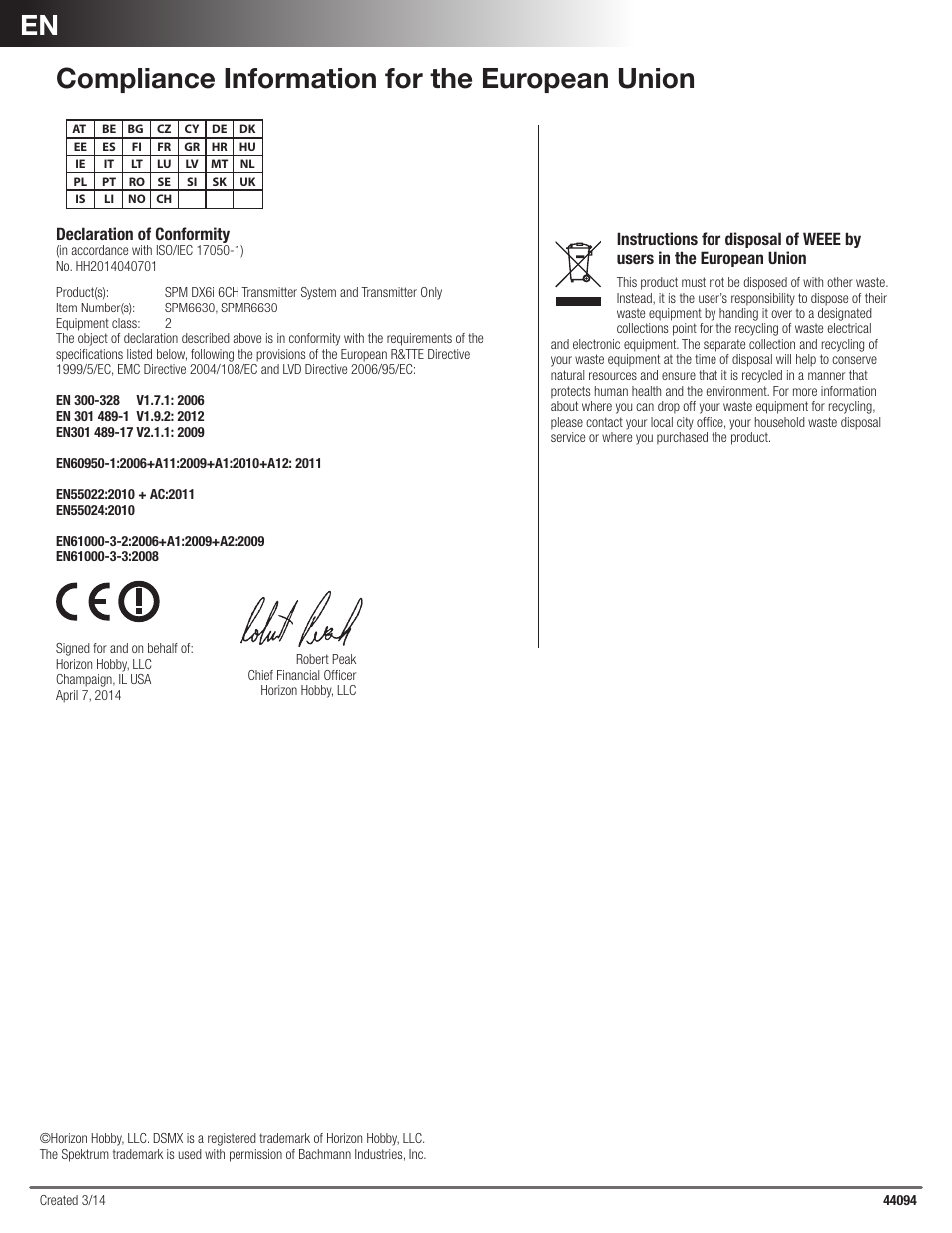 Compliance information for the european union | Spektrum Physical TransmiTTer adjusTmenTs User Manual | Page 2 / 2