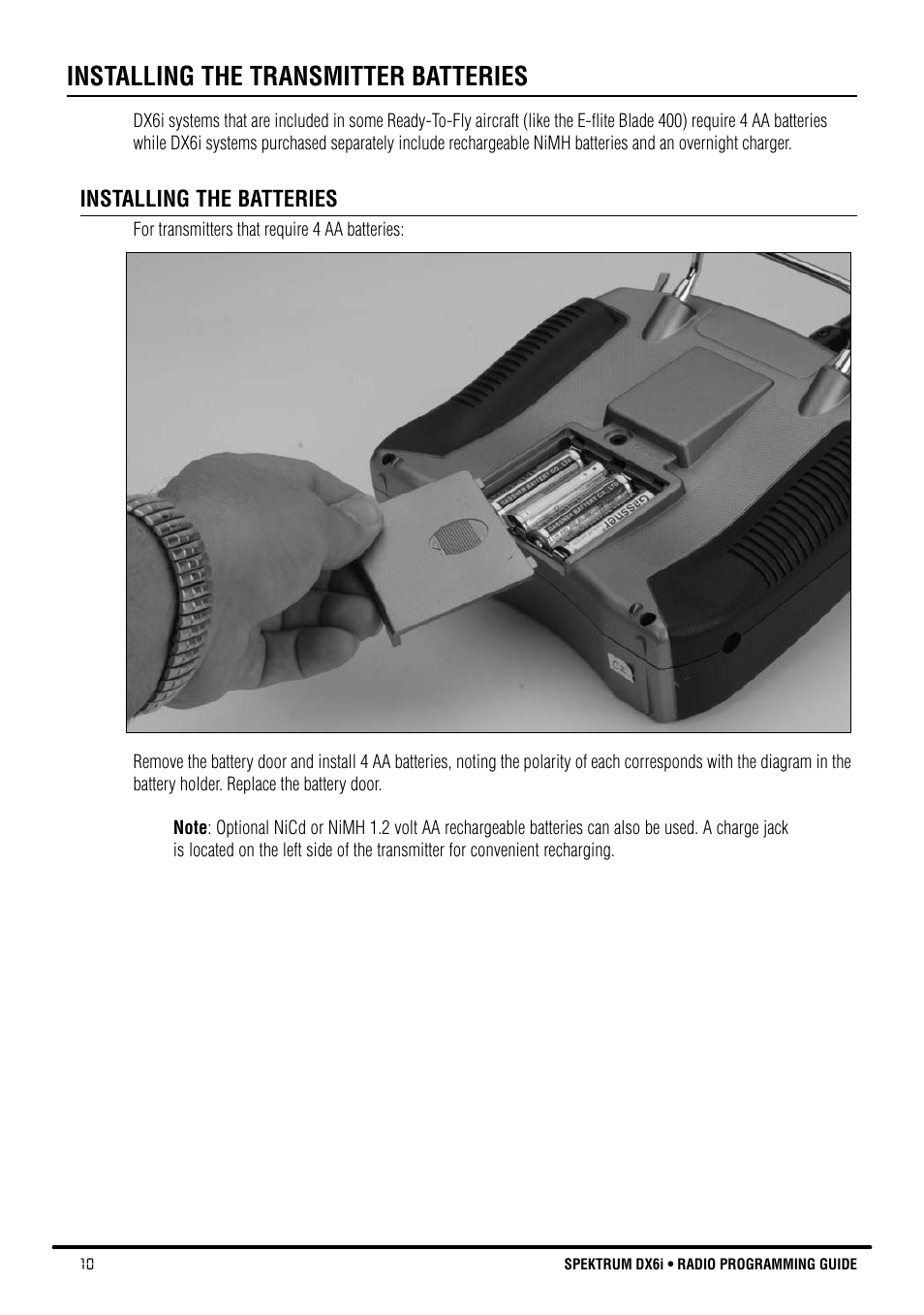 Installing the transmitter batteries | Spektrum DX6i User Manual | Page 10 / 140