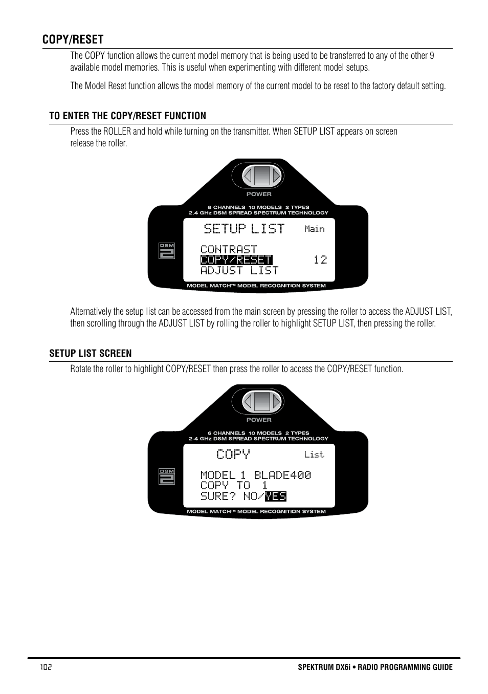 Setup list, Copy | Spektrum DX6i User Manual | Page 102 / 140