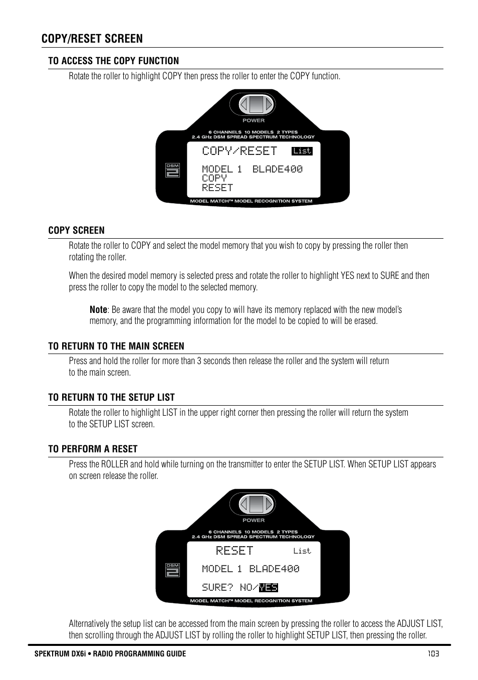 Copy/reset, Reset | Spektrum DX6i User Manual | Page 103 / 140