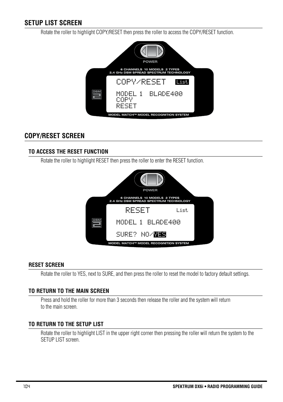 Copy/reset, Reset | Spektrum DX6i User Manual | Page 104 / 140