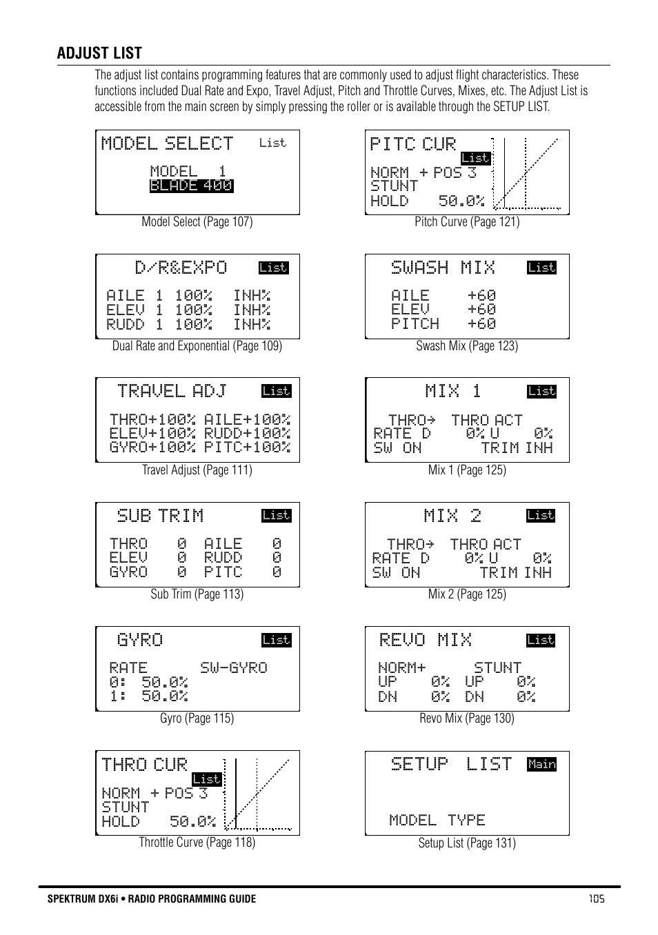 D/r&expo, Swash mix, Model select | Pitc cur, Sub trim, Mix 2, Travel adj, Mix 1, Gyro, Revo mix | Spektrum DX6i User Manual | Page 105 / 140