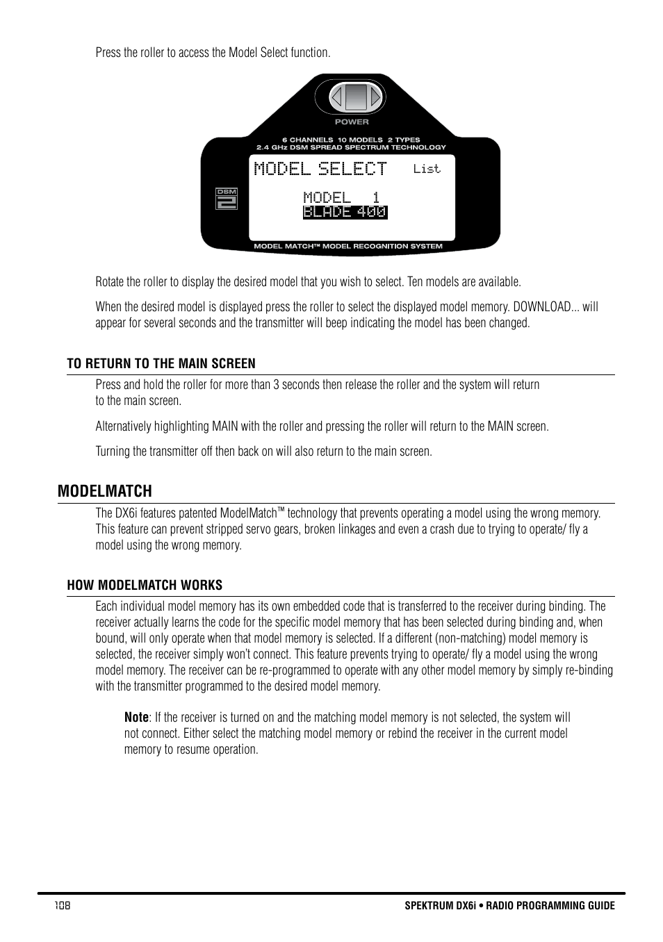 Model select | Spektrum DX6i User Manual | Page 108 / 140