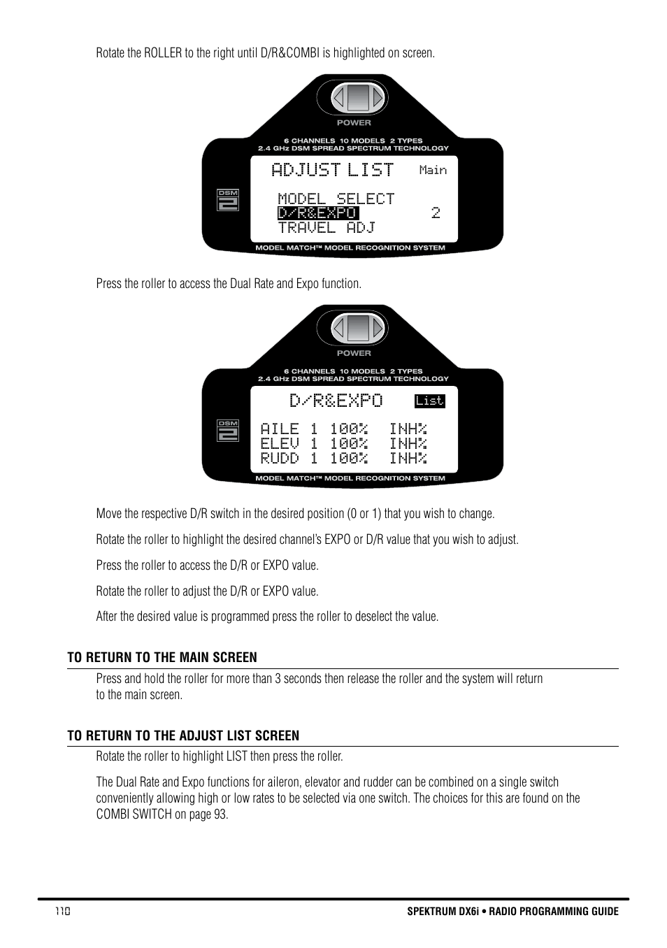 Adjust list, D/r&expo | Spektrum DX6i User Manual | Page 110 / 140