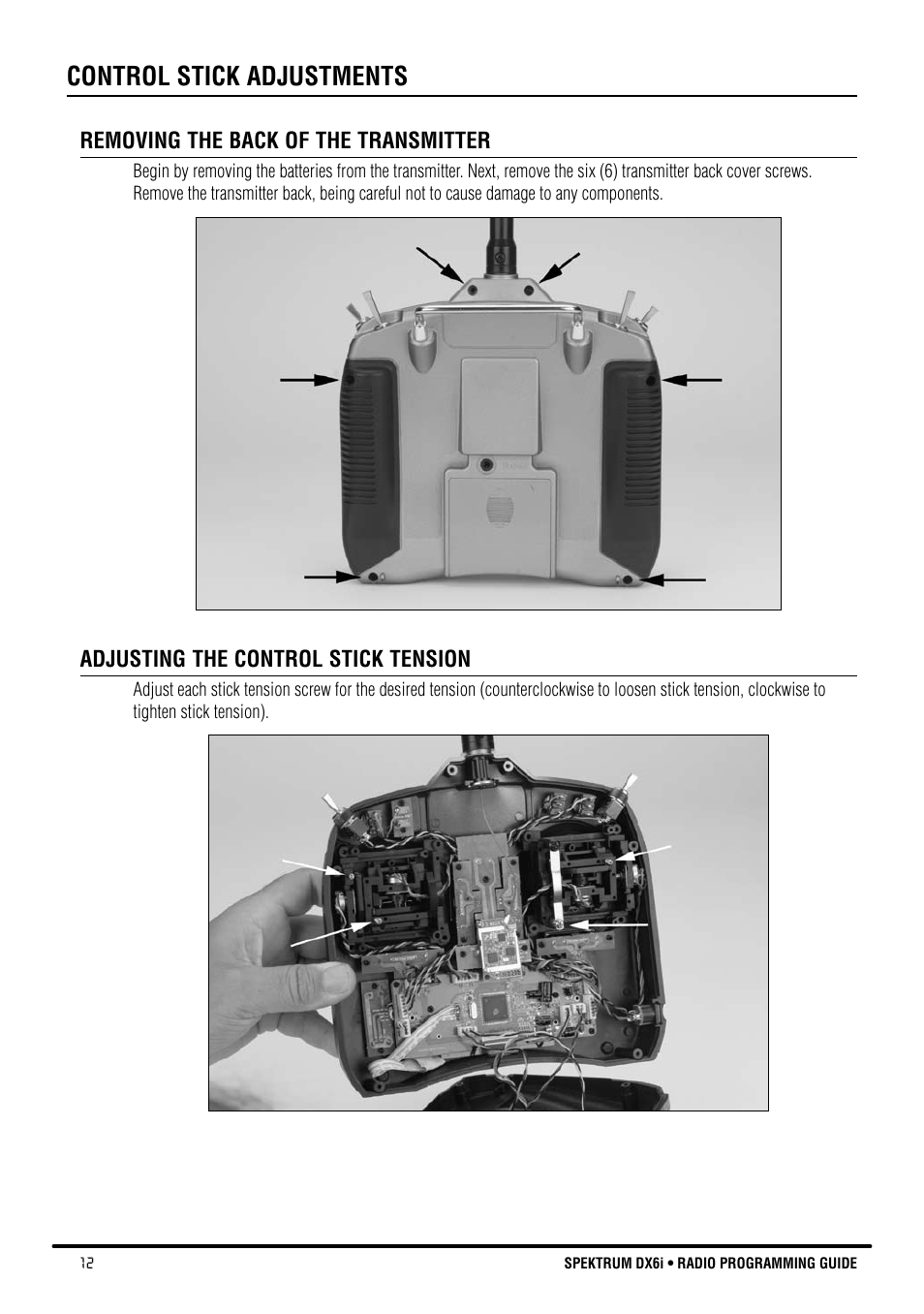 Control stick adjustments | Spektrum DX6i User Manual | Page 12 / 140
