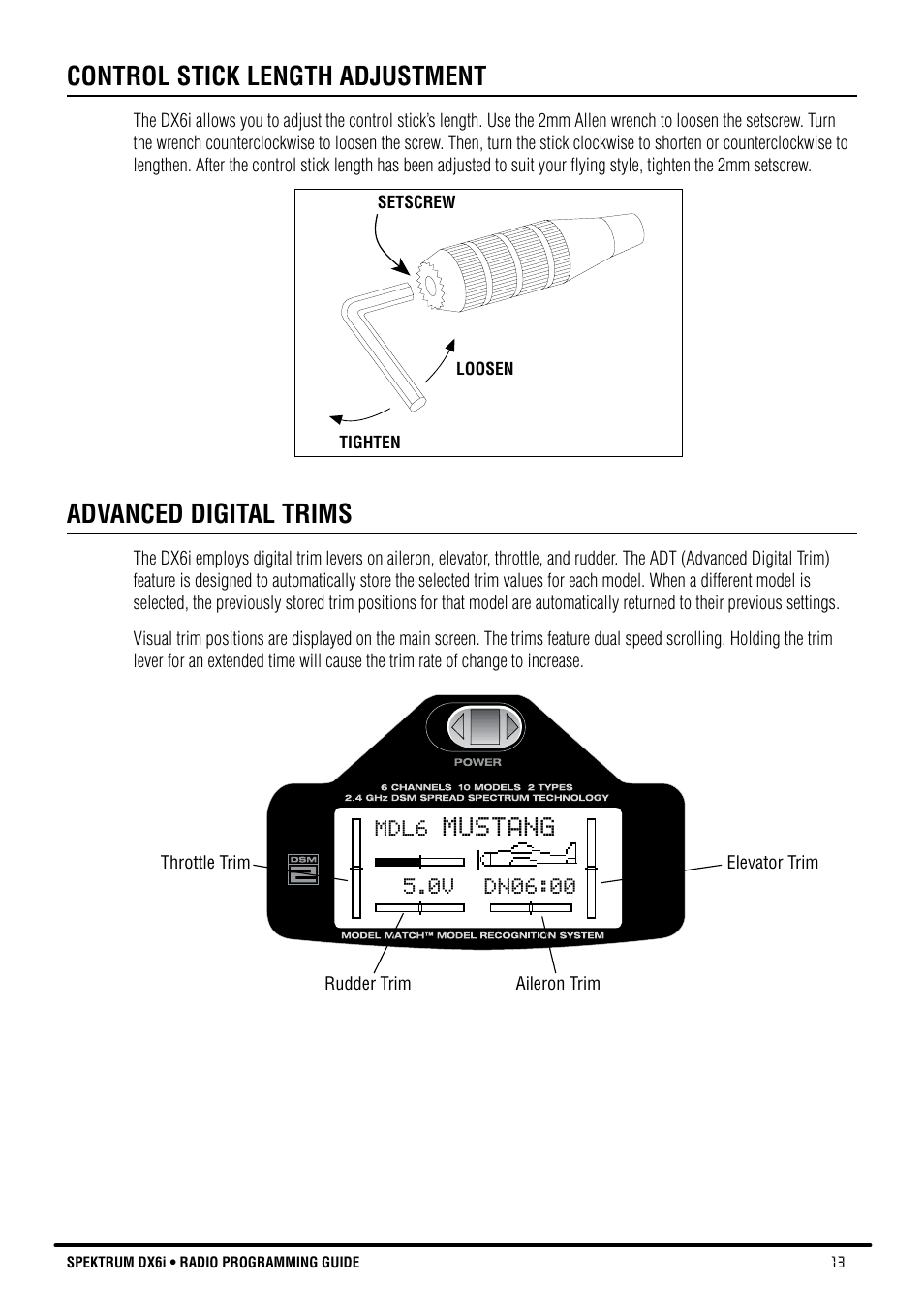 Mustang, Control stick length adjustment, Advanced digital trims | Spektrum DX6i User Manual | Page 13 / 140