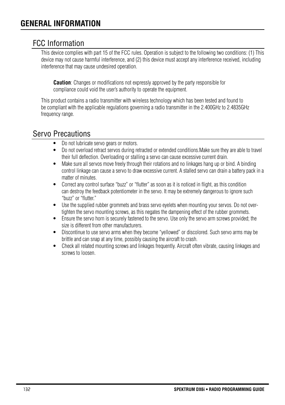 General information fcc information, Servo precautions | Spektrum DX6i User Manual | Page 132 / 140