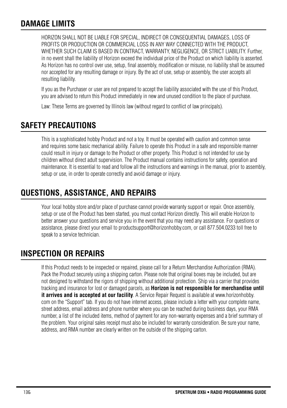 Damage limits, Safety precautions, Questions, assistance, and repairs | Inspection or repairs | Spektrum DX6i User Manual | Page 136 / 140
