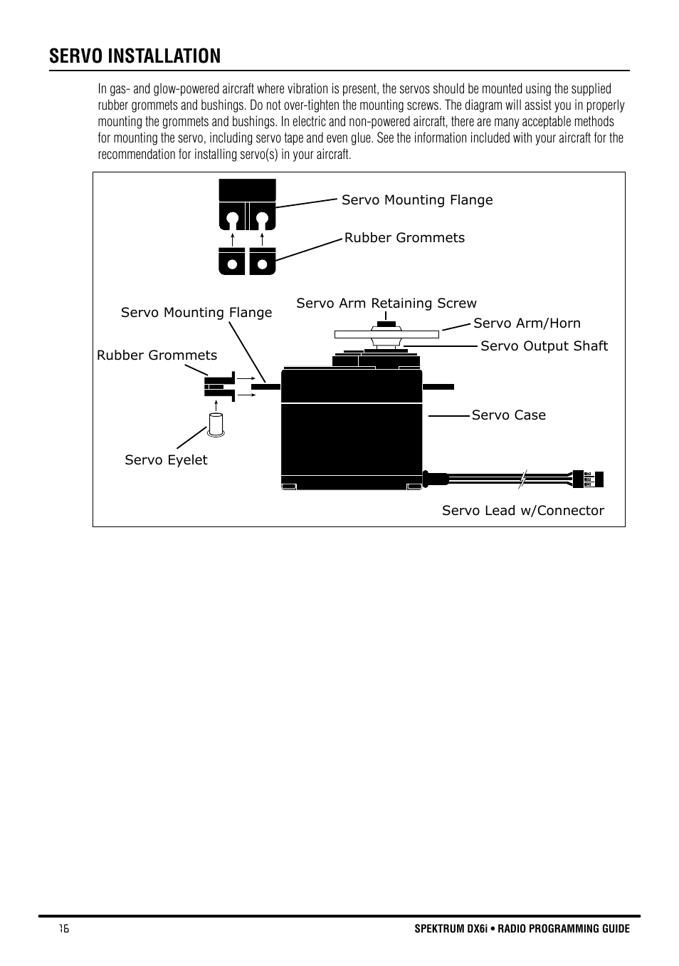 Servo installation | Spektrum DX6i User Manual | Page 16 / 140