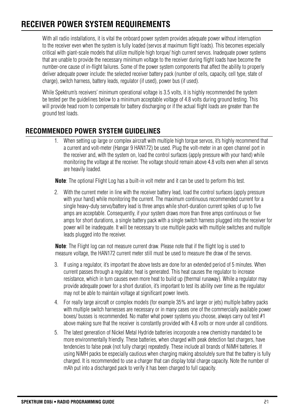 Receiver power system requirements | Spektrum DX6i User Manual | Page 21 / 140