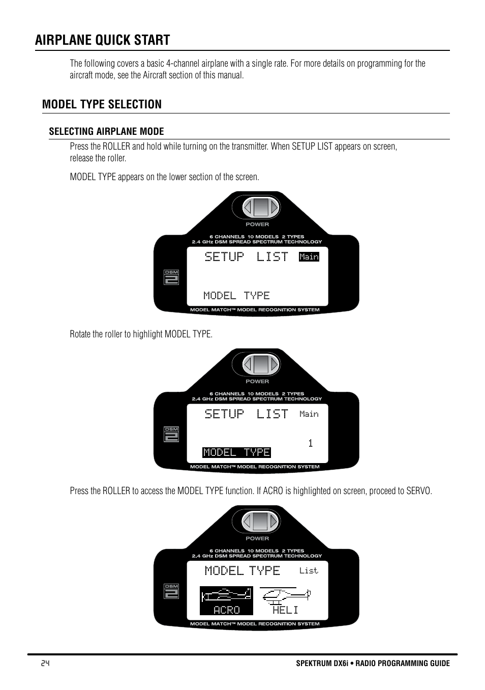 Airplane quick start, Setup list, Model type | Spektrum DX6i User Manual | Page 24 / 140