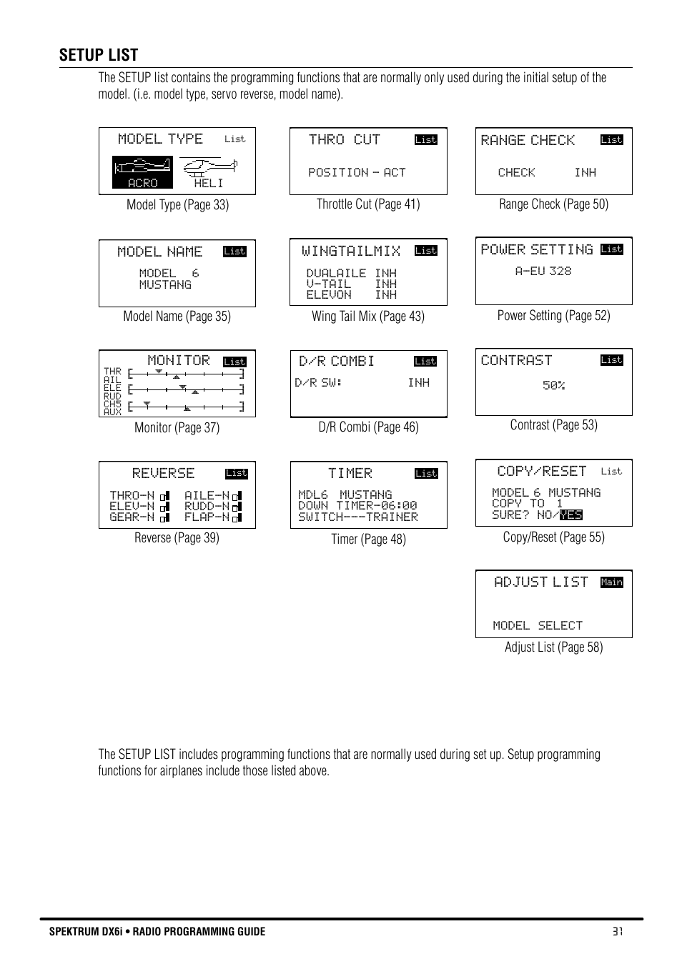 Setup list, Model name, Timer | Contrast, Model type, D/r combi, Reverse, Power setting, Monitor, Range check | Spektrum DX6i User Manual | Page 31 / 140