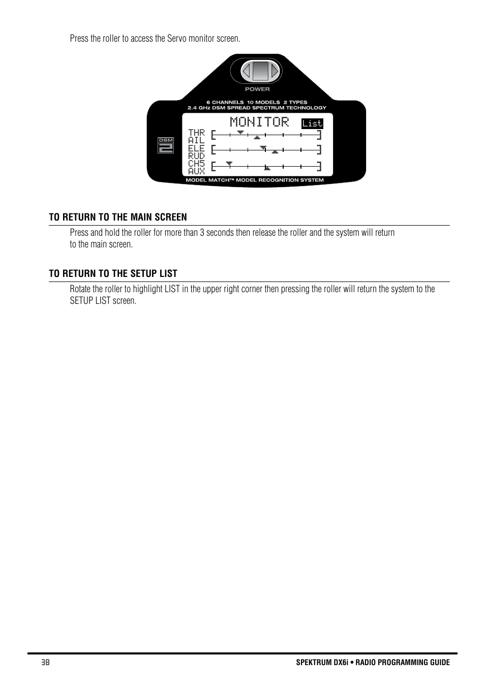 Monitor | Spektrum DX6i User Manual | Page 38 / 140