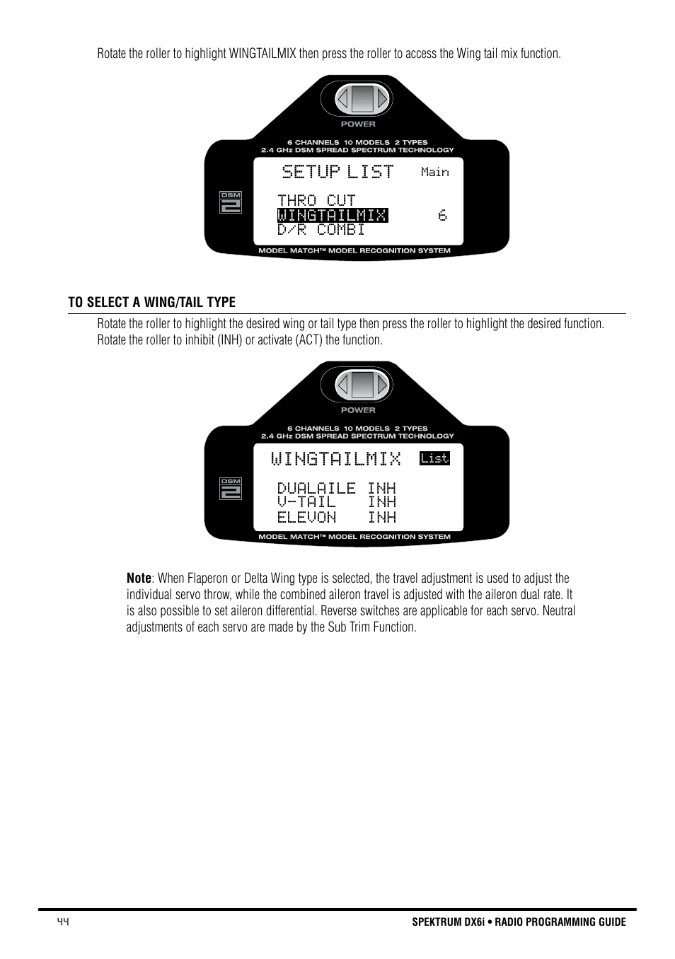 Setup list, Wingtailmix | Spektrum DX6i User Manual | Page 44 / 140