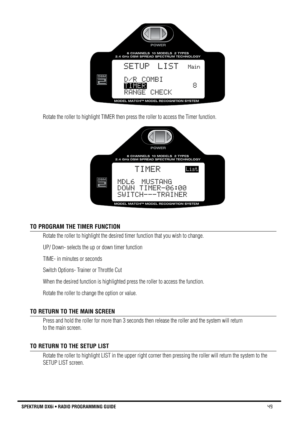Setup list, Timer | Spektrum DX6i User Manual | Page 49 / 140