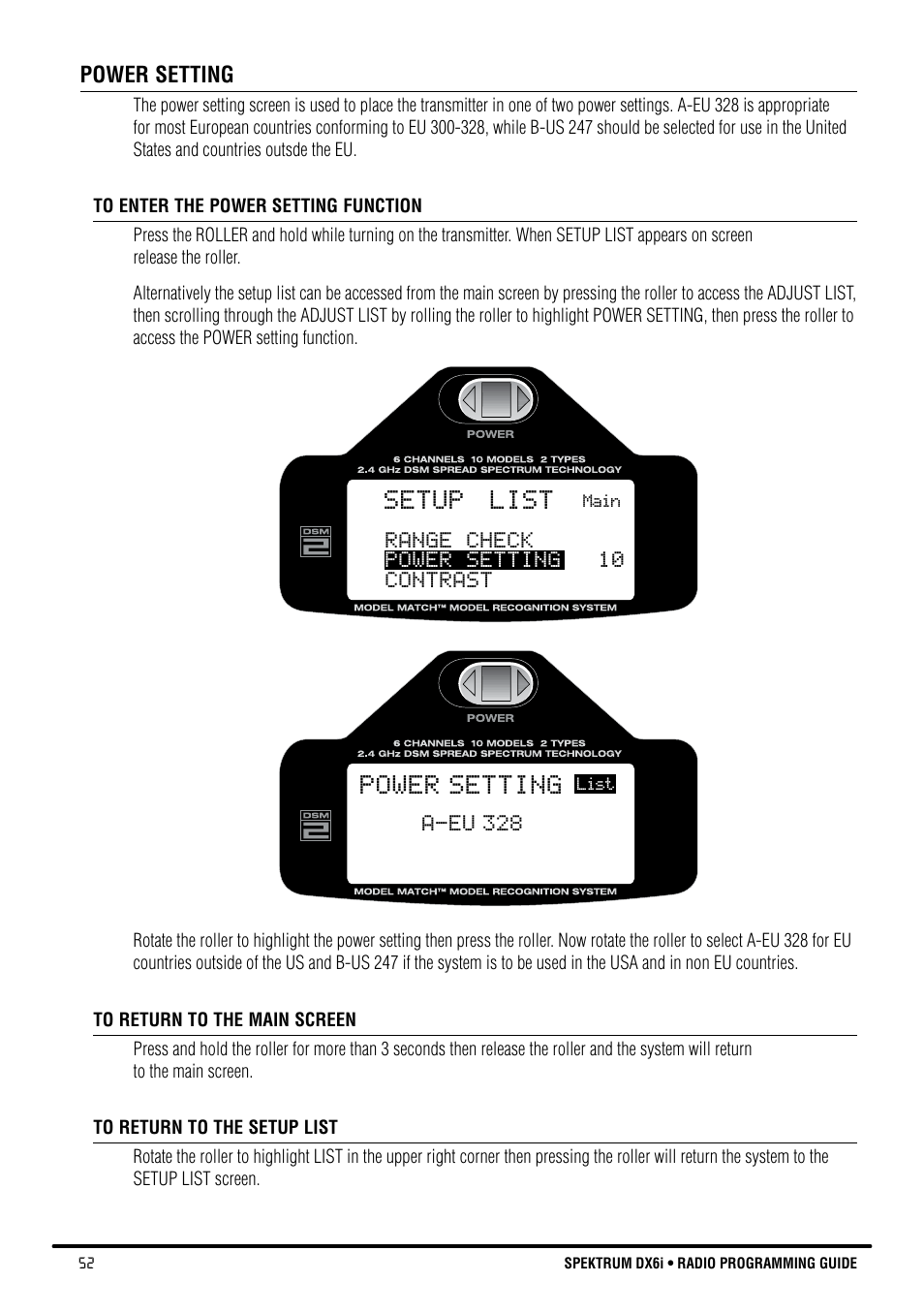 Setup list, Power setting | Spektrum DX6i User Manual | Page 52 / 140
