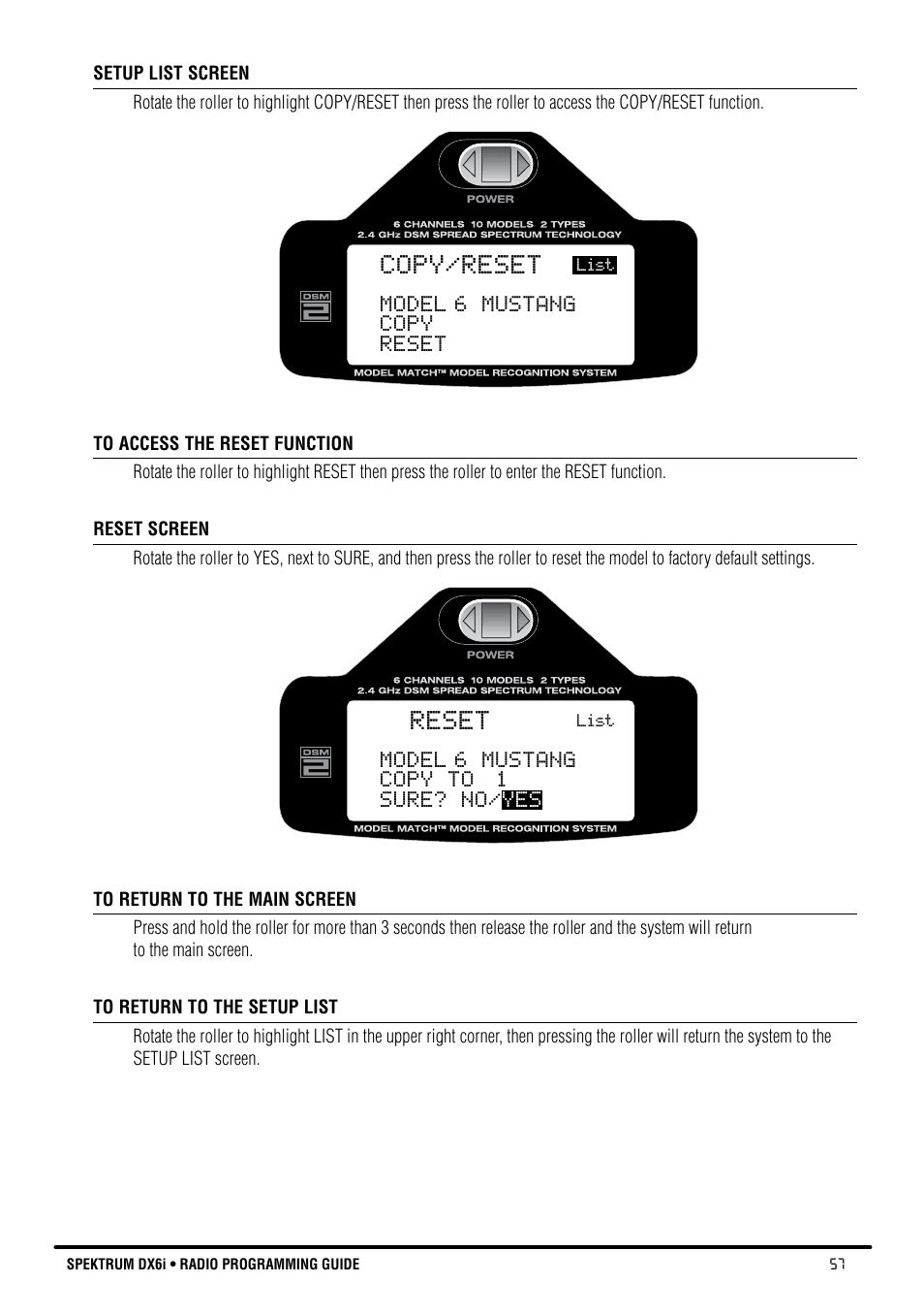 Copy/reset, Reset | Spektrum DX6i User Manual | Page 57 / 140