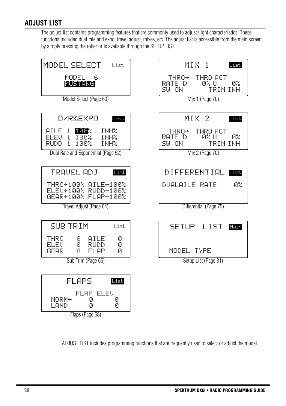D/r&expo, Mix 1, Model select | Flaps, Sub trim, Travel adj, Differential, Mix 2, Setup list | Spektrum DX6i User Manual | Page 58 / 140