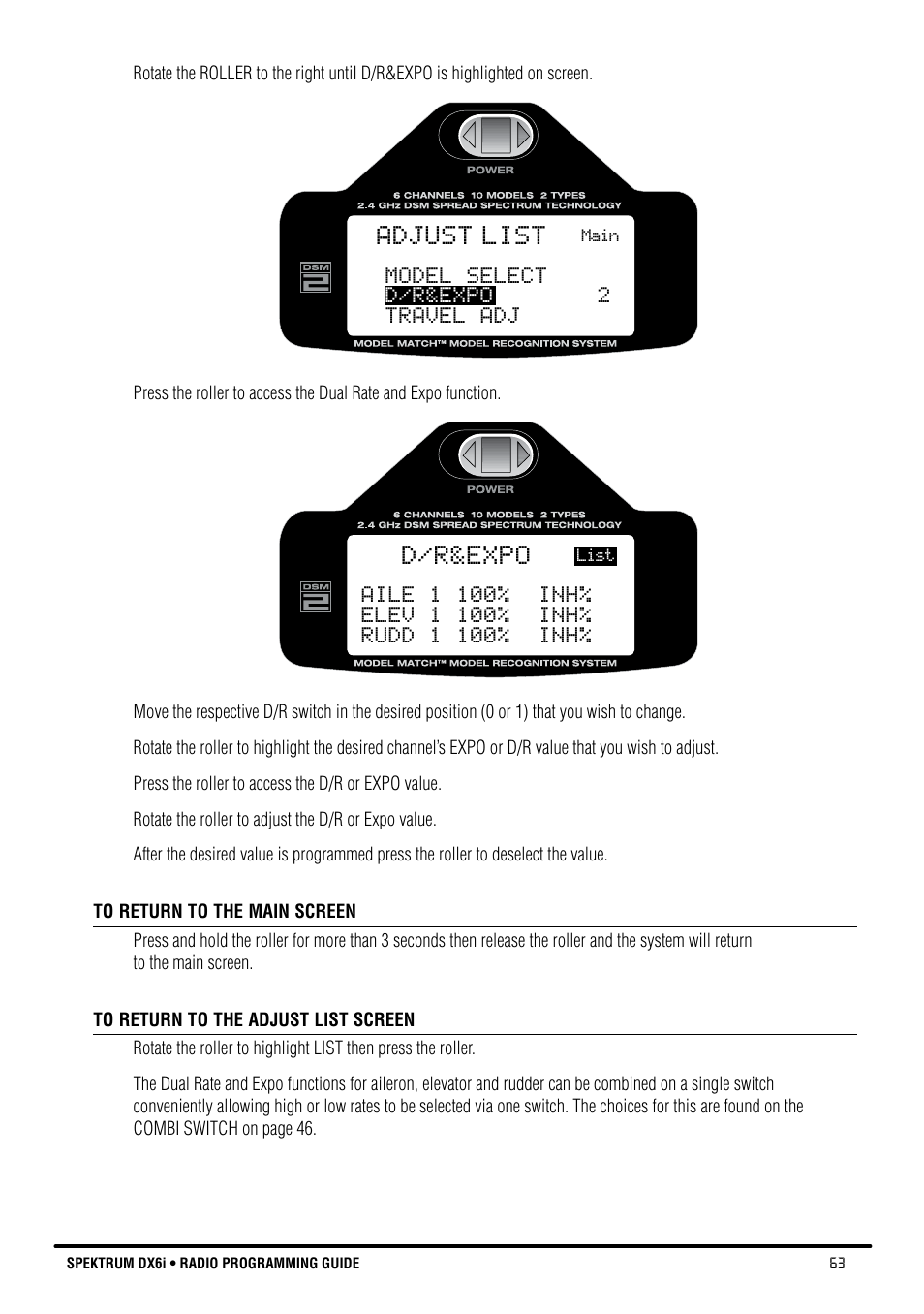 Adjust list, D/r&expo | Spektrum DX6i User Manual | Page 63 / 140