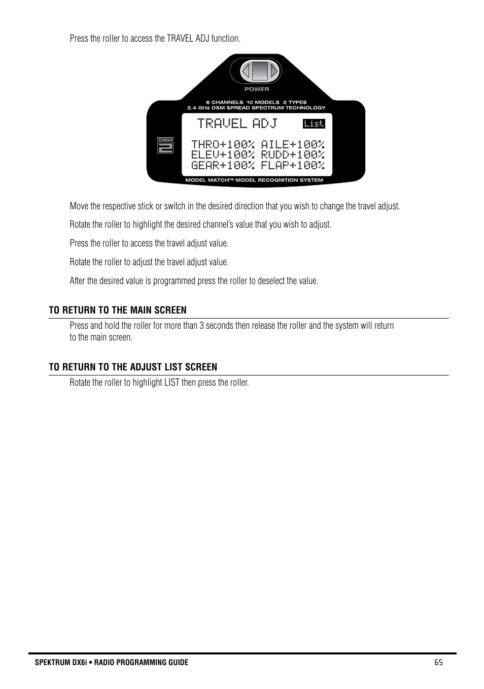 Travel adj | Spektrum DX6i User Manual | Page 65 / 140