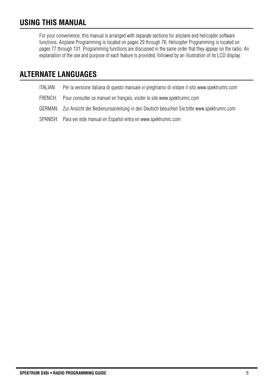 Using this manual, Alternate languages | Spektrum DX6i User Manual | Page 9 / 140