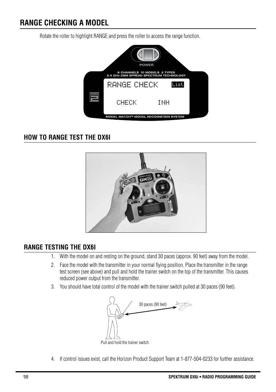 Range check, Range checking a model | Spektrum DX6i User Manual | Page 98 / 140